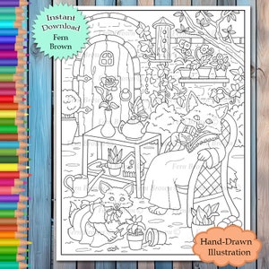 Fox Garden Coloring Page Instant Download Printable File Line Art Animals (JPEG) by Fern Brown - Hand-Drawn Illustration