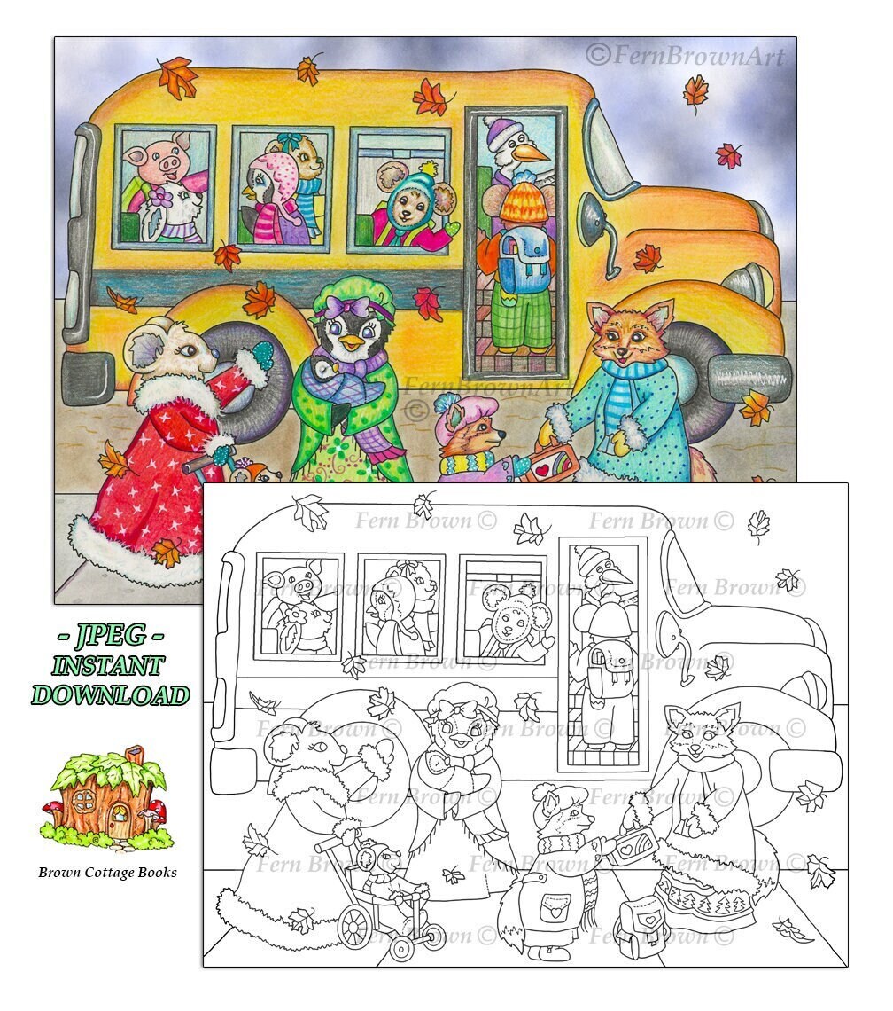 Critters School Bus Coloring Page, Hand Drawn Animal Line Art by Fern ...