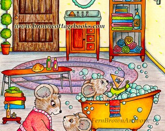 Mouse Bath Time Coloring Page Instant Download Printable File Line Art Animals (JPEG) by Fern Brown - Hand-Drawn Illustration