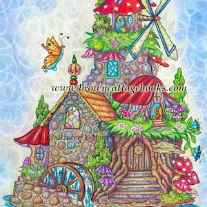 Fairy Windmill Home Coloring Page Instant Download Printable File Line Art (JPEG) by Annie Brown - Hand-Drawn Illustration