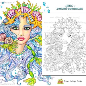 Mermaid Siren Coloring Page, Printable Line Art by Annie Brown – Hand-Drawn Illustration