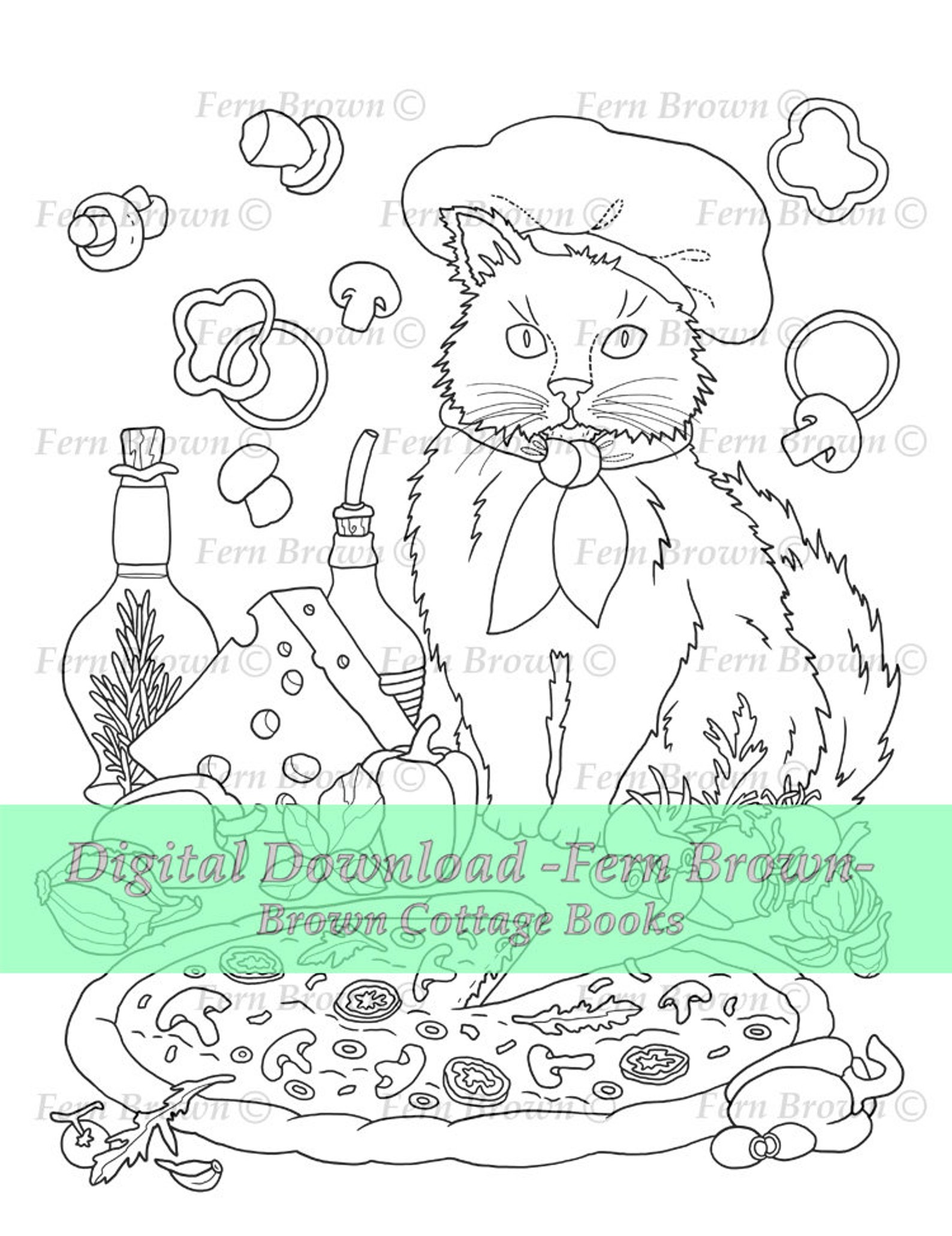 Pizza Chef Kitty Cat Adult Coloring Pages Animals Line Art | Etsy