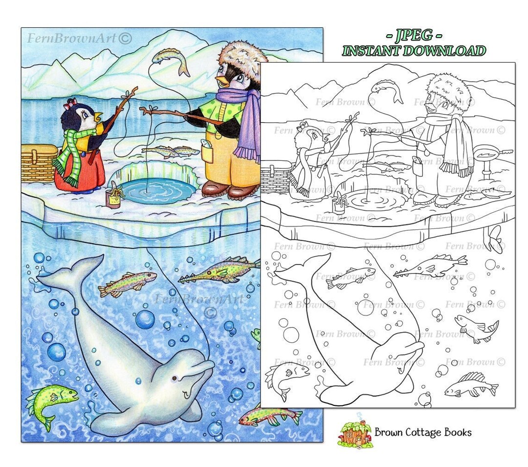 Penguin Fishing Coloring Page Instant Download Printable File Line Art ...
