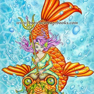 Goldfish Mermaid Rider Coloring Page Instant Download Printable File Mermaids (JPEG) by Annie Brown - Hand-Drawn Illustration