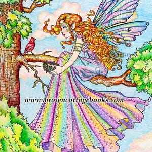 Fairy Tree Fantasy Coloring Page, Printable Line Art, Adult Coloring Download by Annie Brown, Hand-Drawn Fantasy Illustration (JPEG)