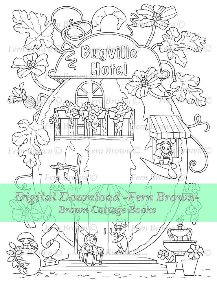 Bug Watermelon Hotel Coloring Page Instant Download Printable File Line Art Insects (JPEG) by Fern Brown - Hand-Drawn Illustration