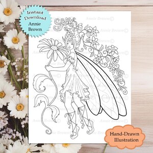 Flower Sprite Fairy Fantasy Coloring Page Instant Download Printable File Line Art (JPEG) by Annie Brown - Hand-Drawn Illustration