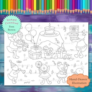 Bug Birthday Prep Coloring Page Instant Download Printable File Line Art Insects (JPEG) by Fern Brown - Hand-Drawn Illustration