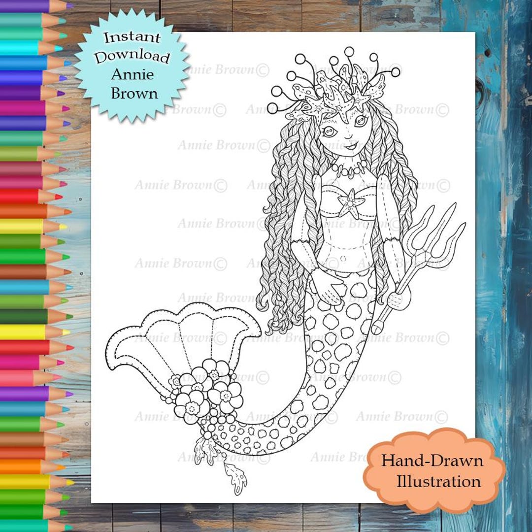 Mermaid Doll Coloring Page – Printable Fantasy Line Art (JPEG) by Annie ...