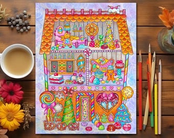 Gingerbread Dollhouse Coloring Page Instant Download Printable File Dolls (JPEG) by Fern Brown - Hand-Drawn Illustration
