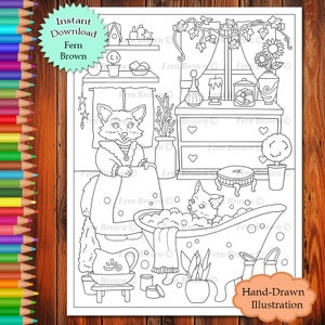 Fox Bath Time Coloring Page Instant Download Printable File Line Art Animals (JPEG) by Fern Brown - Hand-Drawn Illustration