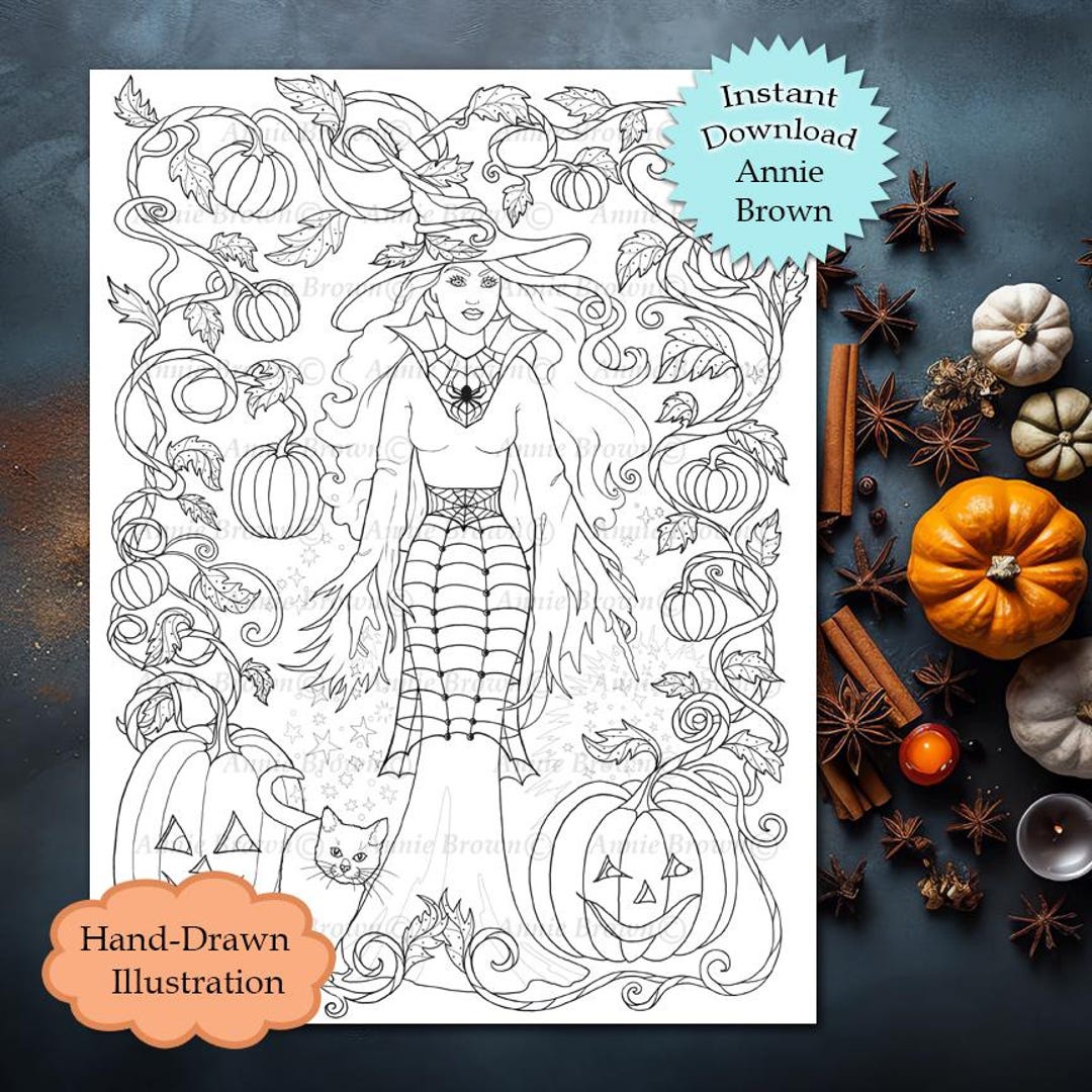 Halloween Witch Pumpkin Vine Coloring Page, Fantasy Printable Art ...