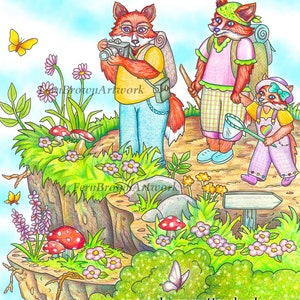 Renard vacances Coloriage fichier imprimable téléchargement immédiat dessin au trait animaux (JPEG) par Fern Brown - Illustration dessinée à la main