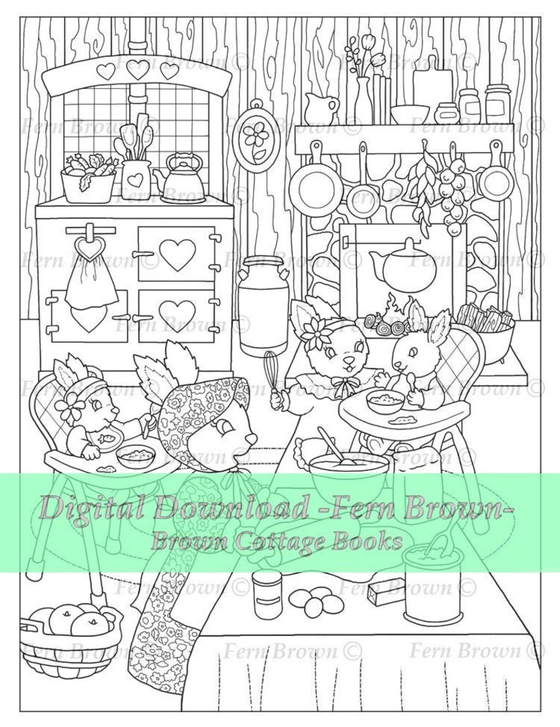 Bunny Baking Kitchen Food Rabbits Adult Coloring Page | Etsy