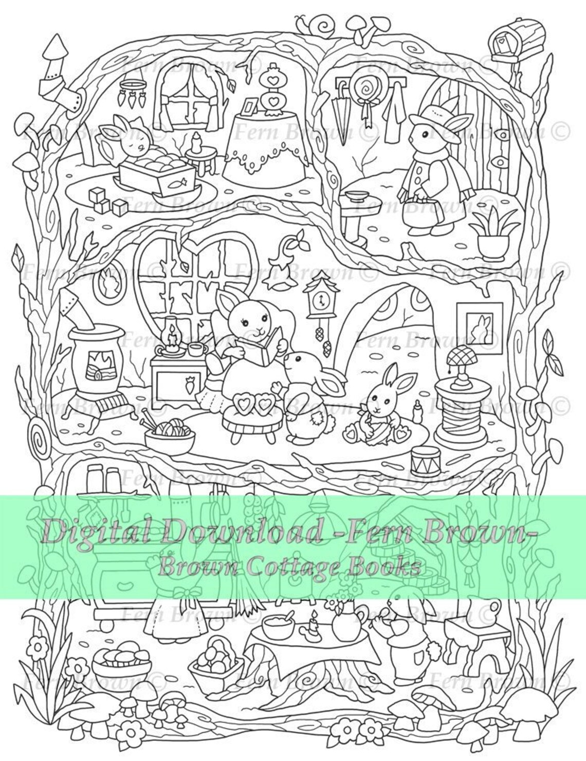 Bunny Burrow Coloring Page, Woodland Animal Line Art Printable, Instant ...