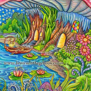 Night Journey Fairy Home Coloring Page, Fantasy Printable Art, Adult Coloring Download by Annie Brown, Hand-Drawn Line Art (JPEG)