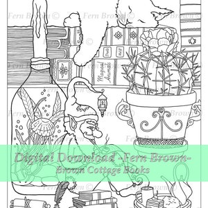 May include: A black and white illustration of a magical scene with a cat sleeping on a stack of books, a gnome reading a book, a cactus in a pot, and a bottle with a magical potion inside. The text "Digital Download - Fern Brown - Brown Cottage Books" is at the bottom of the image.