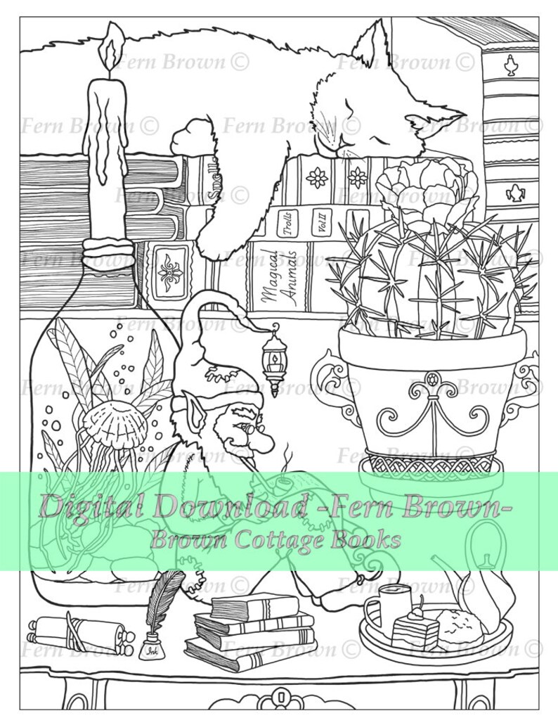 May include: A black and white illustration of a magical scene with a cat sleeping on a stack of books, a gnome reading a book, a cactus in a pot, and a bottle with a magical potion inside. The text "Digital Download - Fern Brown - Brown Cottage Books" is at the bottom of the image.
