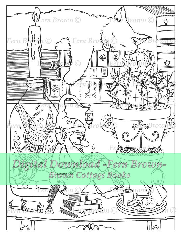 Reading Gnome Coloring Page, Printable Hand-drawn Fantasy Art by Fern ...