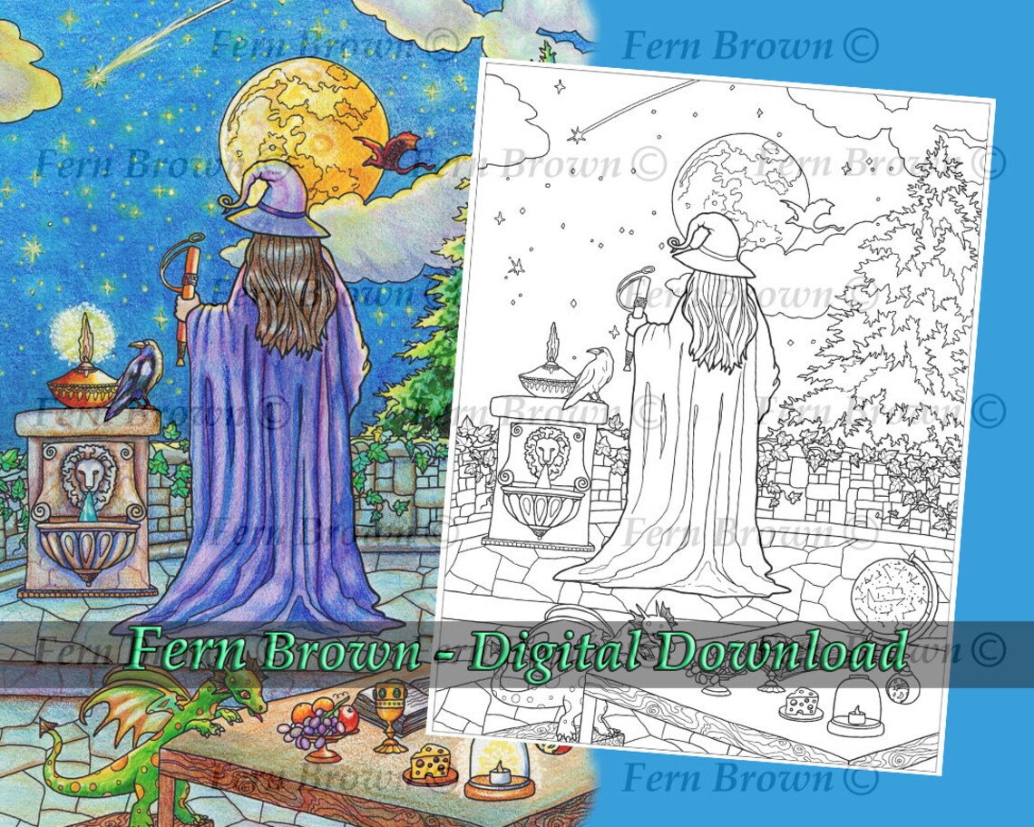 Wizards Dragons Adult Coloring Page Line Art Printable | Etsy