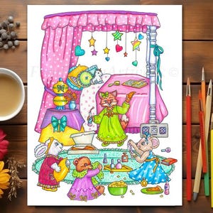 Fox Slumber Party Coloring Page Instant Download Printable File Line Art Animals (JPEG) by Fern Brown - Hand-Drawn Illustration
