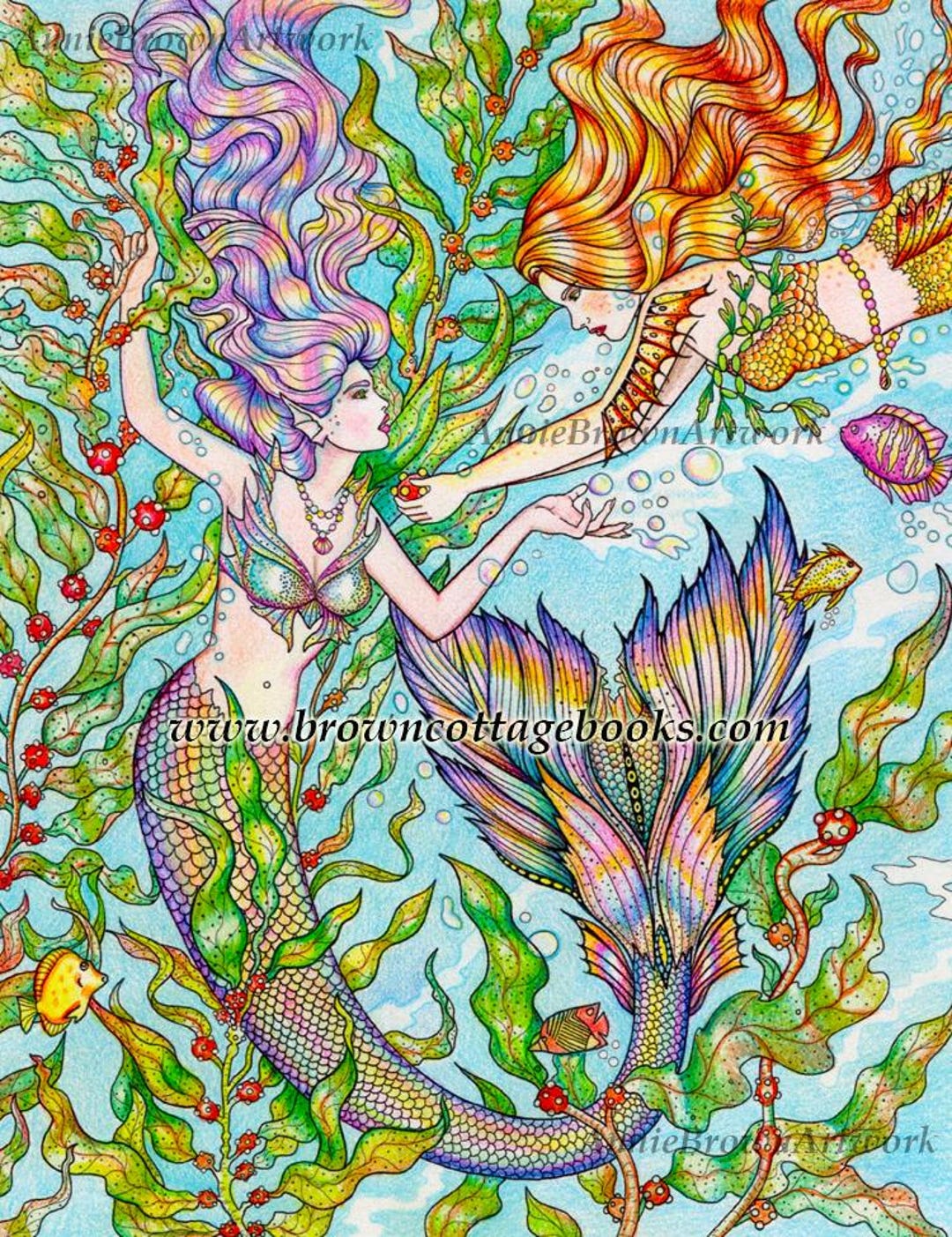 Mermaid Sisters Coloring Page – Printable Fantasy Line Art (JPEG) by ...