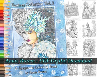 GRAYSCALE Fantasy Collection Vol 1 målarbok | Utskrivbar nedladdningsbar PDF av Annie Brown