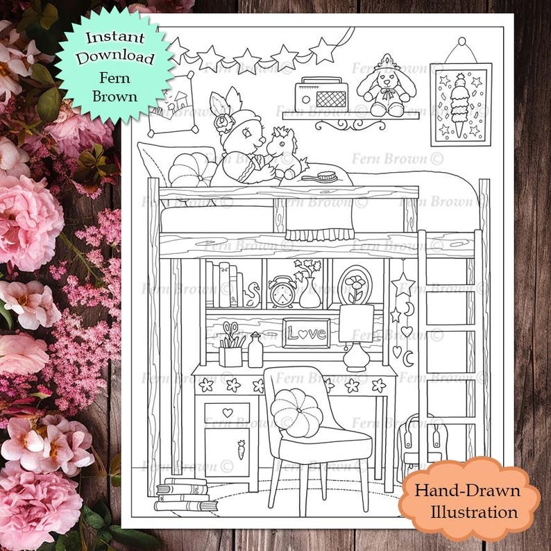 Bunny Bedroom Coloring Page Instant Download Printable File Line Art ...