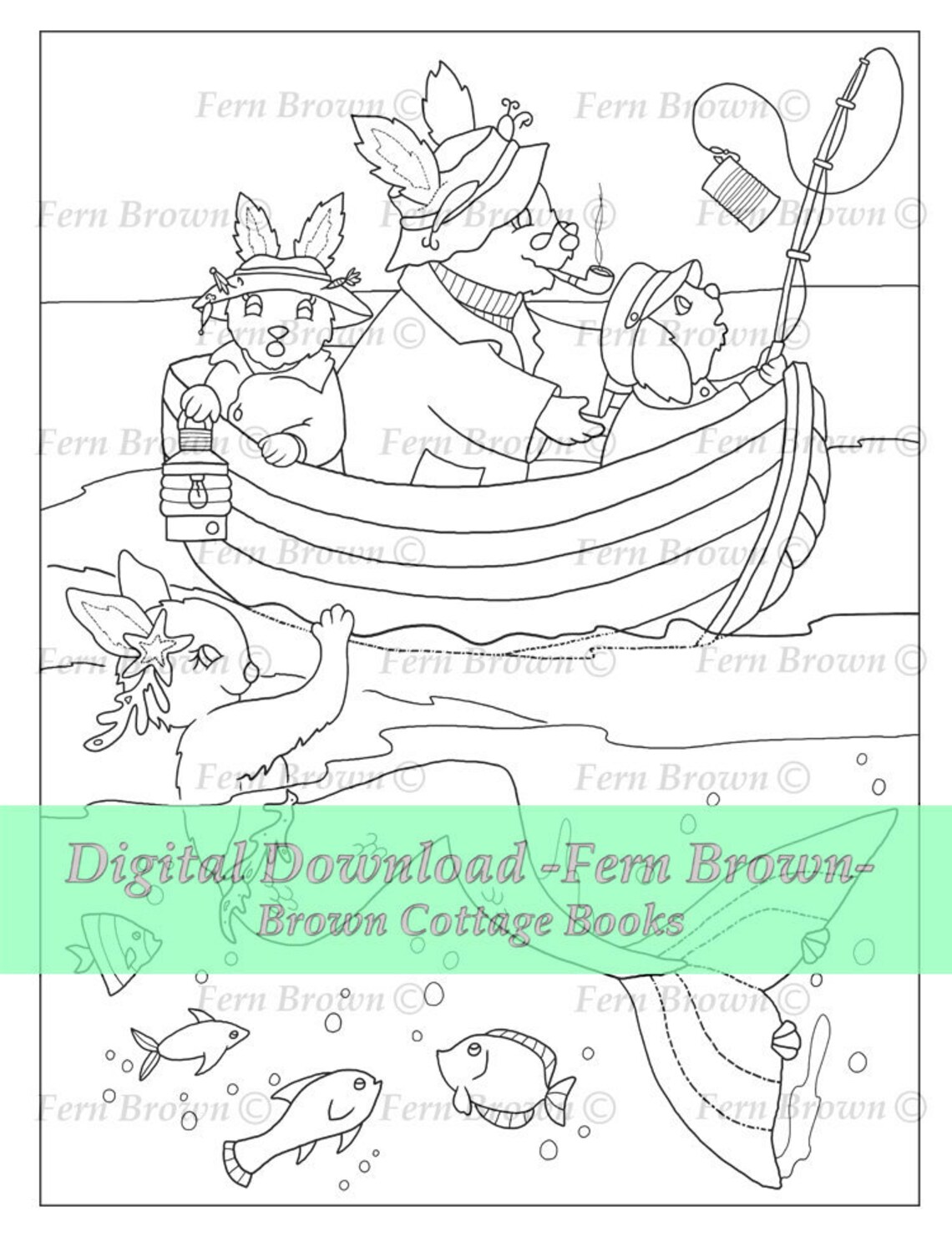 Animals, Coloring Page, Printable Download, Bunnies, Mermaids, Line Art, Bunny Grandpa Fishing ...