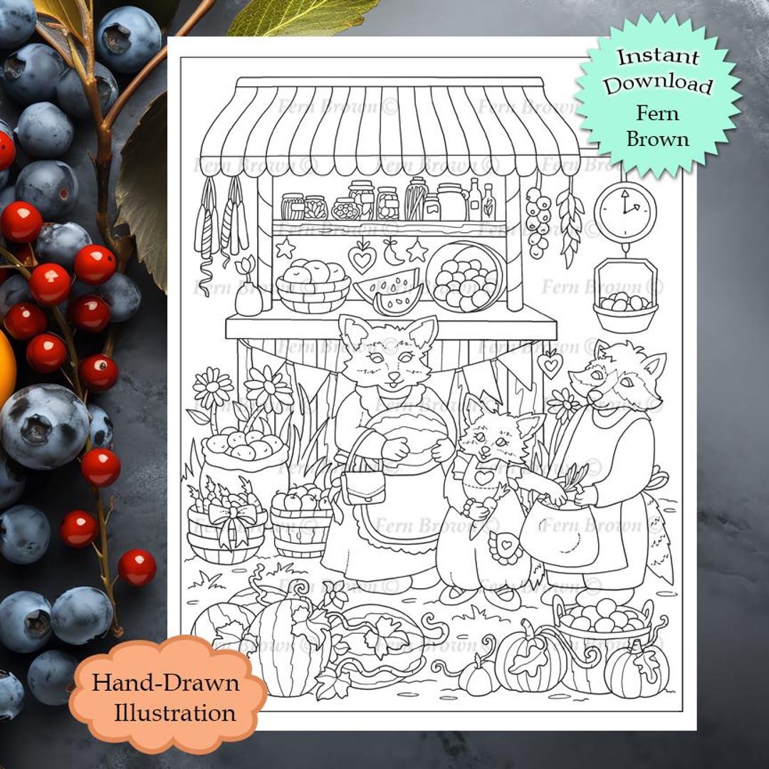Fox Fruit Stand Coloring Page Instant Download Printable File Line Art ...