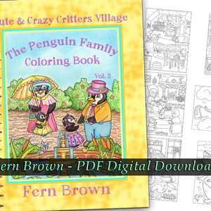 Süße verrückte Tierchen aus dem Dorf Pinguin Familie Vol. 2 Malbuch von Fern Brown - PDF Digital Download - Line Art - Handgezeichnete Illustrationen