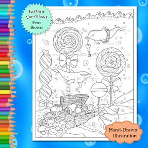 Coloring Page Animals Line Art Dessert Food Printable Download - Dolphin Candy by Fern Brown - Hand-Drawn Illustration