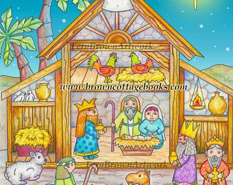 Nativity Dollhouse Coloring Page Instant Download Printable File Line Art Animals (JPEG) by Fern Brown - Hand-Drawn Illustration