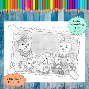 Grayscale Bunny Family Portrait Coloring Page Instant Download Printable File (JPEG) by Fern Brown - Hand-Drawn Illustration