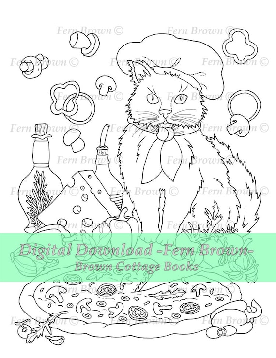 Pizza Chef Kitty Coloring Page, Digital Download, Hand Drawn Line Art by Fern Brown