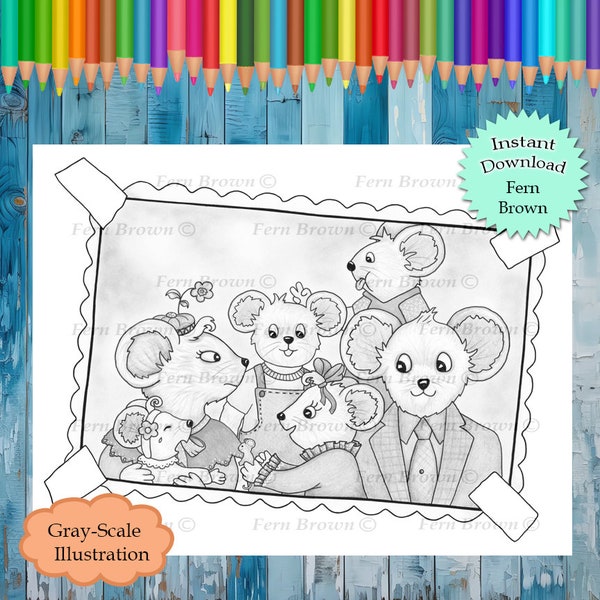 Grayscale Coloring Page, Mice, Printable Download, Animals, Family Photo, Mouse Family Portrait by Fern Brown (Hand-Drawn Illustration)