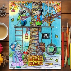 Mouse Treehouse Coloring Page Instant Download Printable File Line Art Animals (JPEG) by Fern Brown - Hand-Drawn Illustration