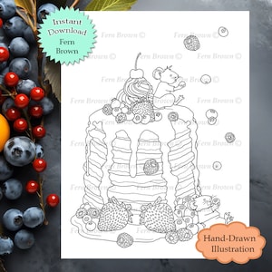 Instant Download Animals Line Art Printable Art Mice Coloring Page - Mouse Pancakes by Fern Brown - Hand-Drawn Illustration