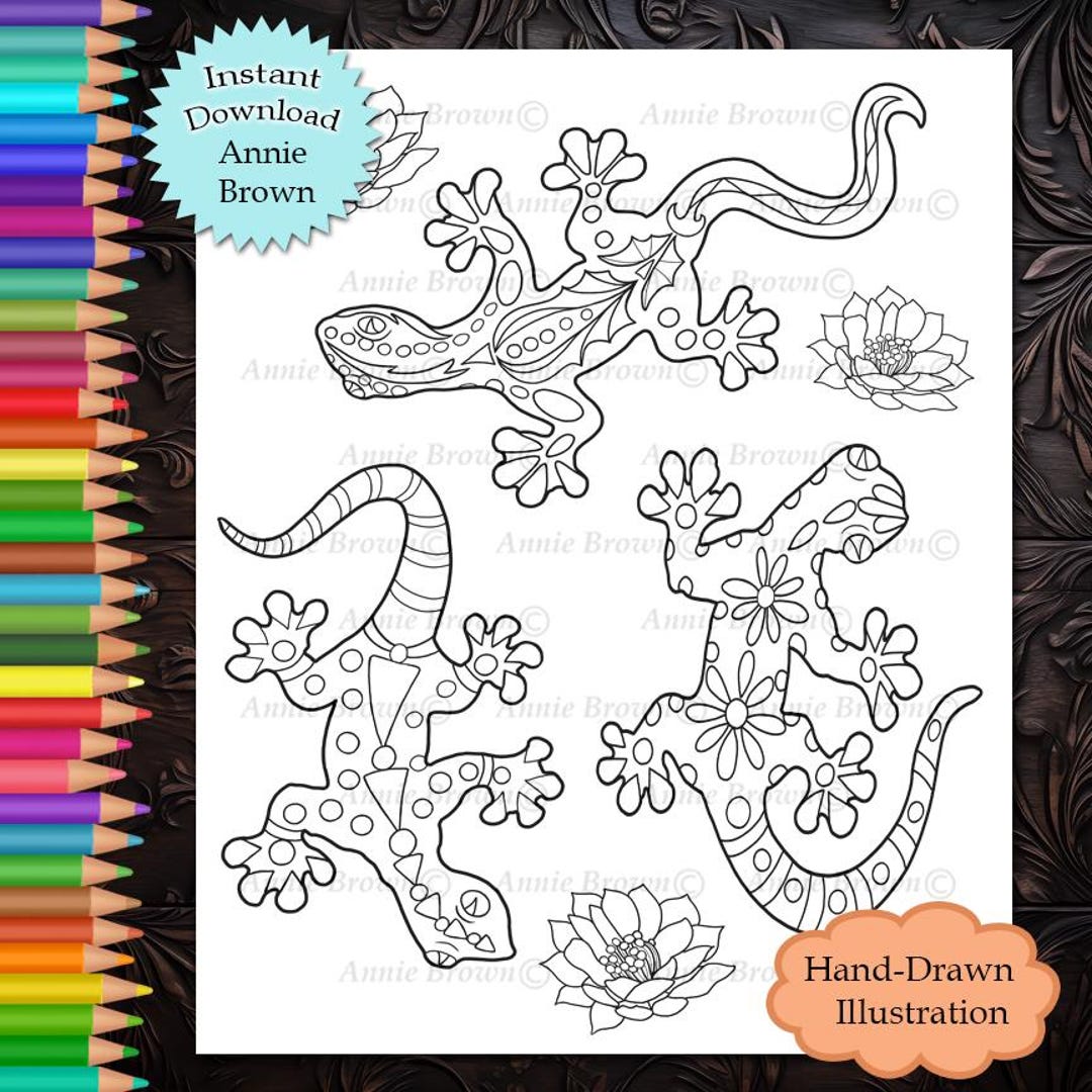 Desert Geckos Coloring Page Instant Download Printable File Line Art ...
