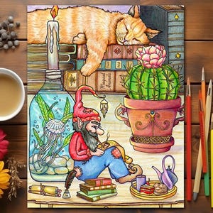 May include: A whimsical illustration of a gnome reading a book, with a cat sleeping on a stack of books, a cactus in a pot, and a bottle with a jellyfish inside. The illustration is done in a colorful cartoon style.