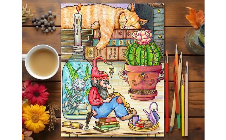May include: A whimsical illustration of a gnome reading a book, with a cat sleeping on a stack of books, a cactus in a pot, and a bottle with a jellyfish inside. The illustration is done in a colorful cartoon style.