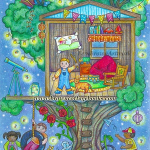 Treehouse Dollhouse Coloring Page Instant Download Printable File Line Art Dolls (JPEG) by Fern Brown - Hand-Drawn Illustration