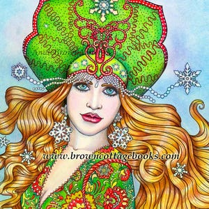 Russian Snow Queens Coloring Page, Fantasy Printable Art, Adult Coloring Download by Annie Brown, Hand-Drawn Line Art Illustration (JPEG)