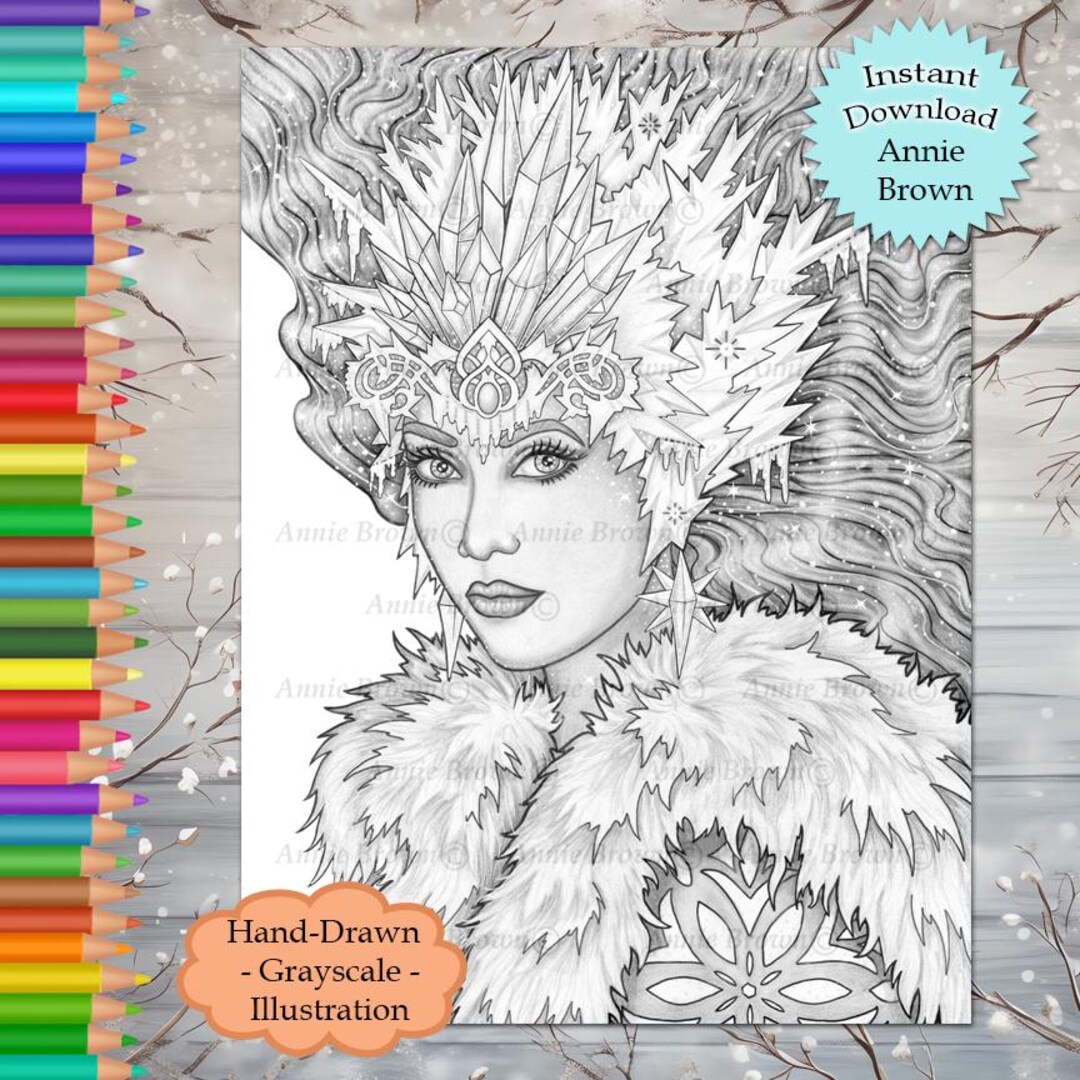 GRAYSCALE Snow Queen Crown Coloring Page, Fantasy Printable JPEG by ...