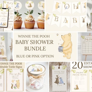 Paquete de baby shower Winnie the Pooh, Winnie the Pooh vintage, letreros de baby shower, juegos, favores, niña, niño, baby shower, plantilla editable