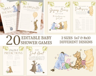 Winnie the Pooh Baby Shower Games, Classic Winnie the Pooh Game Bundle, Winnie the Pooh, Baby Shower, Girl, Boy, Editable Template