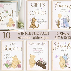 Winnie the Pooh Baby Shower Signs, Classic Winnie the Pooh Decorations, Template Bundle, Diaper raffle, Guest book, Girl, Editable Template