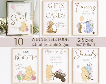Segni di Winnie the Pooh Baby Shower, decorazioni classiche di Winnie the Pooh, pacchetto di modelli, lotteria di pannolini, libro degli ospiti, ragazza, modello modificabile