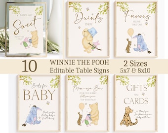 Winnie the Pooh Baby Shower Signs, Classic Winnie the Pooh Decorations, Template Bundle, Diaper raffle, Guest book, Girl, Boy, Editable