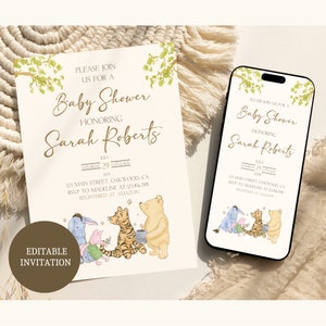 Winnie the Pooh Baby Shower Invitation, Winnie the Pooh Baby Shower, Mobile, Evite, Digital, Baby Shower, Girl, Boy, Editable Template